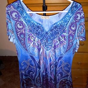 One World Live & Let Live 1X Womans Embellished Top Blue Purple Paisley Print